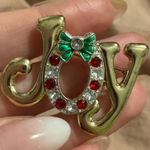 Christmas Pin Brooch ‘Joy’ Gold Color Wreath Bow Rhinestone Accents Photo 0