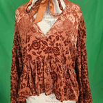Anthropologie Womens Rust Orange Floral Velvet Tie Neck Blouse Medium Photo 0