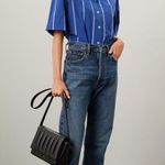 Madewell  Blue Striped Boxy Cotton Button Up Collared Neckline Shirt Size Small Photo 2