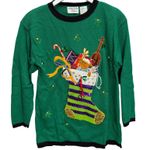 Vintage Fashion Only Christmas Sweater Green Stocking Bells Embellished Size M Size M Photo 0