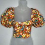 ZARA  Orange Floral Crop Top Short Bubble Puff Sleeve shirt smocked NWT medium Photo 0
