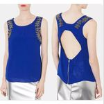 Topshop  Blue Beaded Jeweled Embellished Sleeveless Cutout Back Blouse Tank Top 2 Photo 1