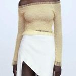 ZARA NWT light yellow off shoulder long sleeve textured mesh ruffle trim top Photo 9