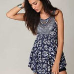 Free People  Blue Tan Crochet Beaded Accents Floral Print Sleeveless Top … Photo 0