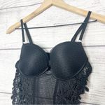 Sheer Black Lace Bustier Lingerie with Floral Appliqué and Garter Straps Size XL Photo 1