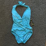 Carmen Marc Valvo NEW  Halter Ruffled‎ One-Piece Swimsuit size: 12 Aqua Photo 2