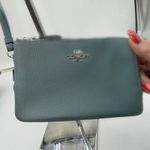 Coach Double Zip Wristlet Teal Pebble Leather Heart Charm Pouch Card Holder Photo 1