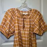 Loft  Orange-Yellow Plaid Tie Neck Puff Sleeve Top size XS Photo 4