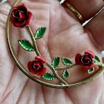 Gold Tone Rose Enamel Hoop Earrings Green Photo 2
