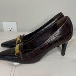Lauren Ralph Paulette Alligator Croc Safari Brown Heels Sz 6 B Gold Buckle Logo Photo 4