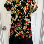 Ross Elegant Black A Line Knee Length Satin Dress Red White and Yellow Floral Pattern Photo 0
