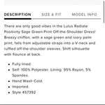 Lulus NWT Lulu’s Green Print Off The Shoulder Dress Photo 4