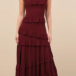 Lulus NWT  Compelling Romantic Burgundy Ruffled Tiered Maxi Dress Gala Banquet S Photo 0