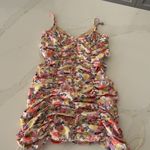 Strangers & Lovers Yellow Floral Satin Rouched Mini Dress Photo 7