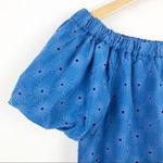 ZARA Floral Openwork Textured Blue Off Shoulder Mini Sun Dress Balloon Sleeve Photo 4