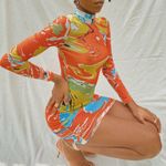 Kai Collective Gaia Mini Dress Printed Mesh Turtleneck Orange Photo 5