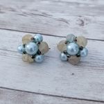 Vintage Clip On Earrings Beige & Light Blue Cluster Photo 1