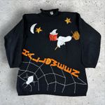 Vtg Halloween Fall Witch‎ Spooky Spider Embroidered Knit Jumper Sweater Sz S Black Photo 0