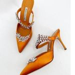 Manolo Blahnik Orange Satin Crystal Embellished 90 Mules 39.5 Photo 0