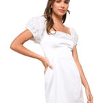 Lulus White Satin Mini Dress with Puffy Sleeves NWT Size Large Bridal Mini Dress Photo 0