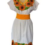 White Mexican Embroidered Dress with Sunflowers & Belt – Handmade Size undefined Photo 0