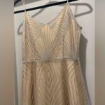 Beige Cream & Silver Glittery Art Deco Patterned Overlay Sleeveless Dress Photo 6