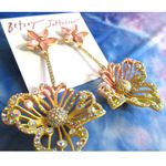 Betsey Johnson Gold Tone Pink & Yellow Enamel Double Flower Drop Earrings NWT Photo 3