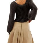 Free People  Katie Pullover Black Ribbed Cropped Sweater Puff Long Sleeves Sz M Photo 3