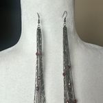 Fabulous Long Chain Dangling Statement Earrings with Maroon Beads Silver Photo 4