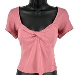 Guess  Pink Ribbed Twist Front Sweetheart Neck Short Sleeve Crop Top Women's L Photo 0
