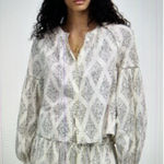 Madewell Shirred Crewneck Balloon Sleeve Button Down Top Cream w/Black Dots Sz L Photo 0