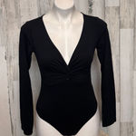 Forever 21 Black Long Sleeve Deep V Bodysuit Women’s Size L | Stretchy Knit One- Photo 0
