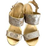Coach  Jezebel Metallic Logo Wood Heel Open Toe Buckle Wedge in Gold Silver 8.5 Photo 3