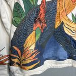 Chico's  Denim Jacket Womens Size 1 (8/10) White Embellished Crane Tropical Print Photo 4