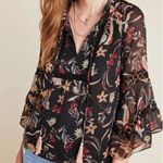 Anthropologie Maeve Odette Peasant Shirt Bird Black Floral Blouse Top Size Small Photo 0