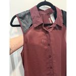 Maroon Sheer And Faux Leather Top Medium Women’s Sleeveless Shirt Blouse Button Red Photo 3