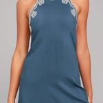 Lulus Roam on denim blue embroidered halter dress Photo 0