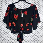 EXPRESS Floral Open Back Short Sleeve Tie Waist Blouse Red Black Size Small Photo 3