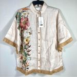 Zimmermann Lexi Tropical Floral Raffia Trim Button Up Shirt Ivory Palm 10 NWT Photo 3