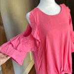 Umgee  Coral Pink Cold Shoulder Linen blend Blouse with Elegant Ruffle Details Photo 3