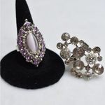 Source Unknown Glam Lavender/Clear Rhinestone Silver Tone Metal  2pc Adjustable Party Rings Photo 1