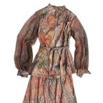 Vtg 70s 80s Skirt Top Set Orange Silver Red Sheer Sleeves Mandarin Collar Size 4 Photo 2