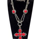 Red Silver Tone Chunky Cross Rose Charms Double Chain Necklace 22" Unsigned Photo 2