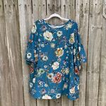 Bryn Walker  Diego Tunic Size Small Floral Print Bell Sleeve Teal Blue Sz S New Photo 1