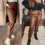 A New Day  Faux Leather High Waisted Joggers Pants Brown Cuffed Ankle Photo 1