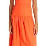 Farm Rio  Side Smocked Linen Blend Midi Sundress in Orange Size M NWT Photo 0