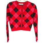 ZARA Cropped Argyle Cardigan Red Pink Black Long Sleeve Button Front Women's S Photo 2