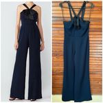 Jay Godfrey Dryden Bow Pleated Jumpsuit Wide Leg Navy Blue Size 2 Black Satin Photo 9