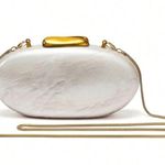 Ivory cream pearl gold accent oval box bag clutch with removable crossbody strap Photo 4