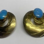 Pretty Gold Tone Brass Blue Stone Large Oversized Statement Clip On Earrings Photo 3